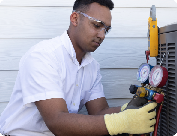 white shirt HVAC repair man outside